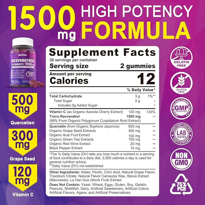 Resveratrol Supplement 1500mg - Resveratrol Gummies Supports NAD⁺, NMN & NMNH Synergy, with Quercetin, Grape Seed, Acai Berries Extracts for Antioxidant, Healthy Aging & longevity, Skin, Brain - 1Pcs