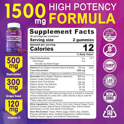 Resveratrol Supplement 1500mg - Resveratrol Gummies Supports NAD⁺, NMN & NMNH Synergy, with Quercetin, Grape Seed, Acai Berries Extracts for Antioxidant, Healthy Aging & longevity, Skin, Brain - 2Pcs