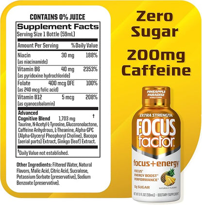 Focus Factor Extra Strength Focus + Energy Shots - 12 x 2oz Bottles (Pineapple Paradise Flavor) - Powered by Nootropics with Caffeine, L-Theanine, Ginkgo, Bacopa, L-Tyrosine, Alpha GPC