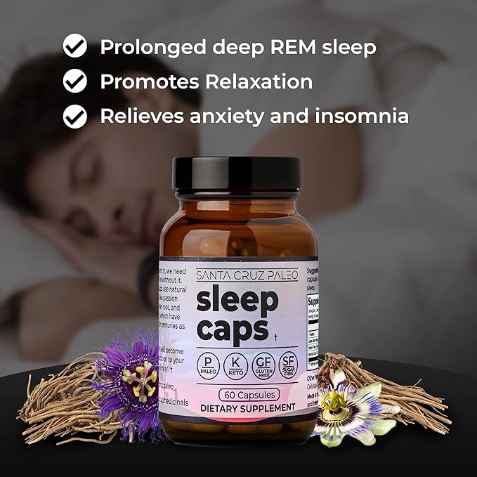 Santa Cruz Paleo Sleep Caps with L-Theanine, Lemon Balm, Passion Flower & Valerian Root, Melatonin-Free Nighttime Relaxation, Paleo & Keto Friendly, Sugar & Gluten Free, 60 Capsules