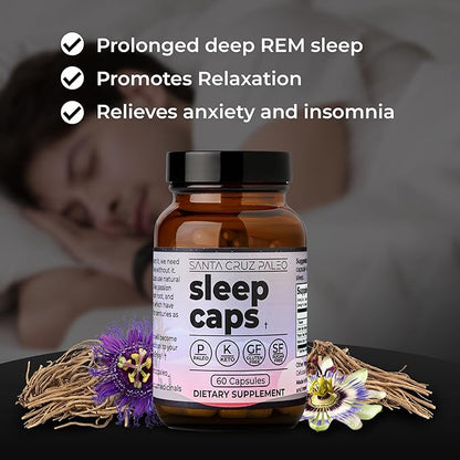 Santa Cruz Paleo Sleep Caps with L-Theanine, Lemon Balm, Passion Flower & Valerian Root, Melatonin-Free Nighttime Relaxation, Paleo & Keto Friendly, Sugar & Gluten Free, 60 Capsules