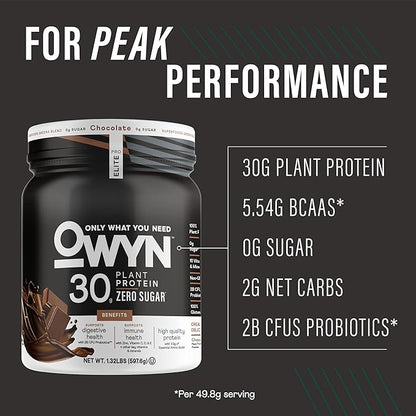 Owyn Only What You Need Pro Elite High Protein Powder, 30g Vegan Protein for Workout Recovery, Delicious Smooth Taste, Zero Sugar, Low Net Carbs, Chocolate, 12 Servings (1.32 LB)
