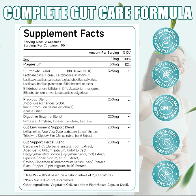 Gut Health Capsule Supplement, Supports Microbiome, Leaky Gut, and Digestion, with 80 Billion CFU Probiotics, Prebiotics, Digestive Enzymes, 30-in-1 Gut Health Supplement, 100 Capsules