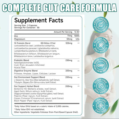 2-Pack Gut Health Capsule Supplement, Supports Microbiome, Leaky Gut, and Digestion, with 80 Billion CFU Probiotics, Prebiotics, Digestive Enzymes, 30-in-1 Gut Health Supplement, 200 Capsules