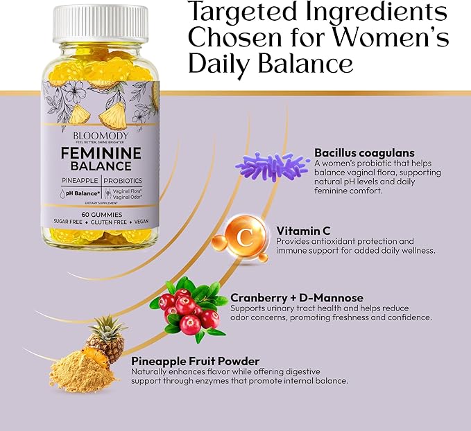 Probiotic Feminine Balance Gummies for Women - pH Balance & Vaginal Health Supplement with Cranberry Vitamin C - Natural Pineapple pH Balancing Gummy for Healthy Odor Hygiene Support