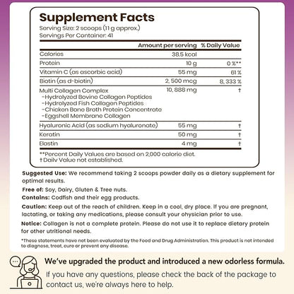VEV Multi Collagen Peptides Powder, 16 oz (41 Servings) – Type I, II, III, V, X, Hydrolyzed Collagen, Hyaluronic Acid, Biotin, Vitamin C, Supports Skin, Unflavored, Dissolves Easily