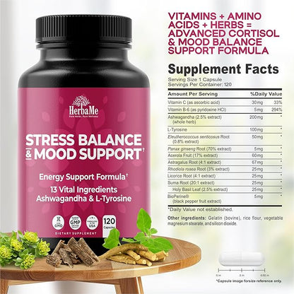 Cortisol Manager Supplement and Balance Mood with Ashwagandha & L-Tyrosine, 120 Capsules, Helps Maintain Healthy Energy Levels and Stress Relief, Fatigue Reducer Pills