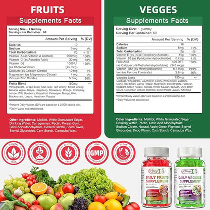 Sugar-Free Fruits & Veggies Gummies, Super Greens with 23 Fruits & 25 Veggies, Multivitamin Minerals & Fiber, Vegan Fruit & Vegetable Supplement for Adults, 120 Gummies, 2 Month Supply