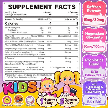 Happy Saffron Gummies for Kids Teen, Organic Saffron + Magnesium Glycinate Supplement with Probiotics, L-Theanine, Chamomile, D3, B6, B12 for Children's Focus & Mood, Calm, Sleep, Sugar Free, 120 Cts