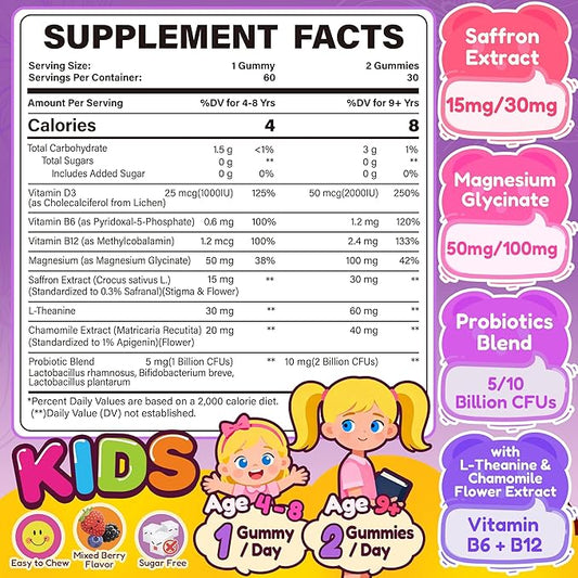 Happy Saffron Gummies for Kids Teen, Organic Saffron + Magnesium Glycinate Supplement with Probiotics, L-Theanine, Chamomile, D3, B6, B12 for Children's Focus & Mood, Calm, Sleep, Sugar Free, 120 Cts