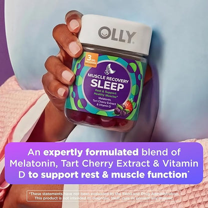 OLLY Muscle Recovery Sleep Gummies, Sleep and Sore Muscle Support, 3mg Melatonin, Tart Cherry, Vitamin D, Berry Flavor - 40 Count