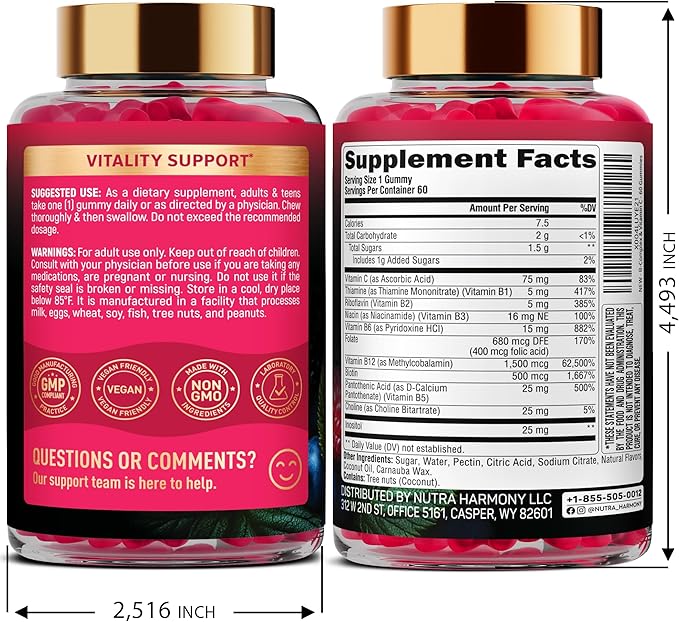 Vitamin B-Complex Gummies for Women & Men - Vitamin B12, B1, B2, B3, B5, B6, B7 & B9 - B Complex with Vitamin C & Choline - Energy, Brain & Mood - Natural Berry Flavor, Vegan - 60 Gummies for 2 Months