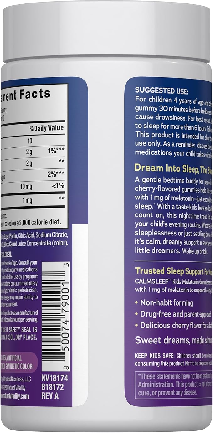Natural Vitality Kids Calm Sleep Melatonin 1mg Gummies | Nighttime Cherry Flavor | 100% Drug Free | Non-GMO, Vegan & Gluten Free Supplement | 90 Count