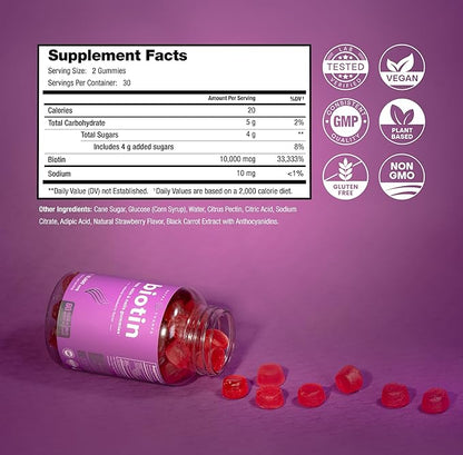 NutraChamps Biotin Gummies 10000mcg [High Potency] for Healthy Hair, Skin & Nails Vitamins for Women, Men & Kids - 5000mcg in Each Hair Vitamins Gummy - Vegan, Non-GMO, Hair Health Supplement