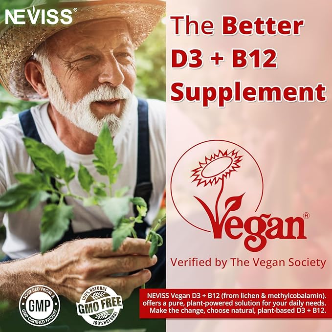 NEVISS Vegan Vitamin D3 + Vitamin B12 Gummies, High Potency D3 5000IU & 1000 mcg Methylated B12, Vitamin D3 and B12 for Adults, Support Bone Health, Immune & Energy Supplement, 60 Count