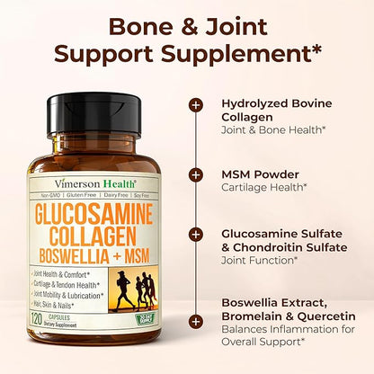 Glucosamine Chondroitin MSM with Hydrolyzed Collagen Peptides - Joint Support Supplement with Quercetin, Bromelain & Boswellia Extract - Collagen pills for Hair Skin Nails - FSA Eligible 2 Pack