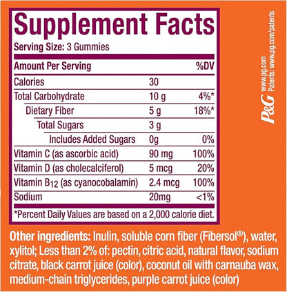 Metamucil Fiber Gummies for Adults with Vitamins C, D, B12 for Metabolism, No Sugar Added Citrus Berry Flavor, 5g Plant Based Prebiotic Fiber Supplement Blend, 120 Count