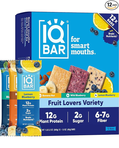 IQBAR Clean Plant Protein Bars - Fruit Lovers Variety Pack - 12 Count - Keto, Vegan, High Fiber, Gluten and Dairy Free, Low Sugar Snack - Brain and Body Nutrients for Focus, Energy, Meal Replacement