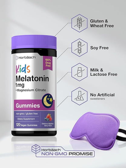 Horbaach Kids Melatonin & Magnesium | 120 Vegan Gummies | Berry Flavor | 100% Drug Free | Non-GMO and Gluten Free
