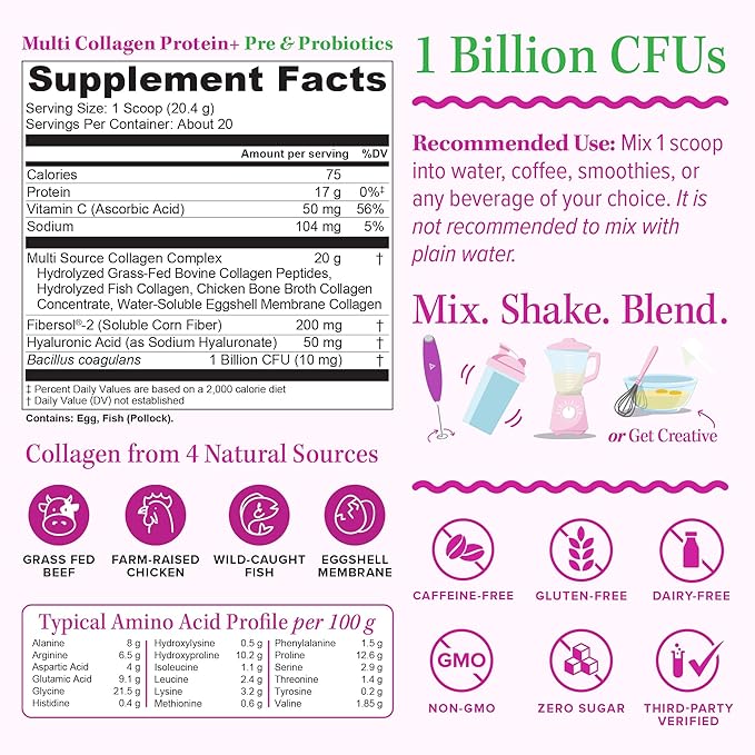 Multi Collagen Probiotics for Women Prebiotics Protein Powder | 20g Collagen Peptides Hyaluronic Acid Vitamin C & Fibersol Prebiotic Support Skin Elasticity Digestion Gut Health Unflavored 20 Servings