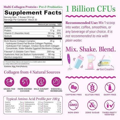 Multi Collagen Probiotics for Women Prebiotics Protein Powder | 20g Collagen Peptides Hyaluronic Acid Vitamin C & Fibersol Prebiotic Support Skin Elasticity Digestion Gut Health Unflavored 20 Servings