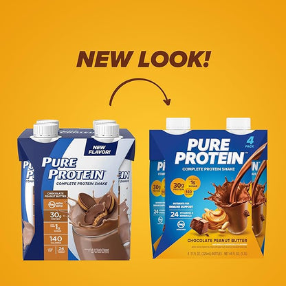 Pure Protein Complete Protein Shake, Chocolate Peanut Butter, 30g High Protein Drink, Less than 1g Sugar, 3g Fiber, Ready to Drink, Non GMO, On-the-Go Shakes, 11oz Bottles, 12 Pack