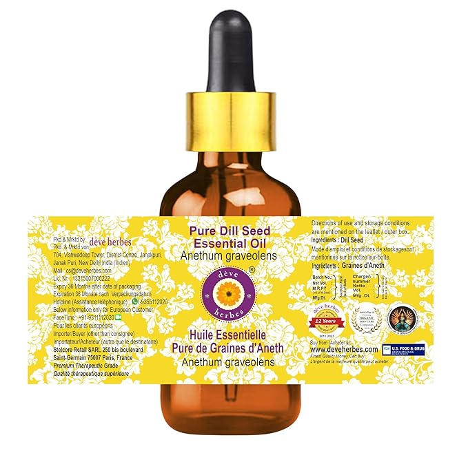 Deve Herbes Pure Dill Seed Essential Oil (Anethum graveolens) with Glass Dropper Steam Distilled 100ml (3.38 oz)