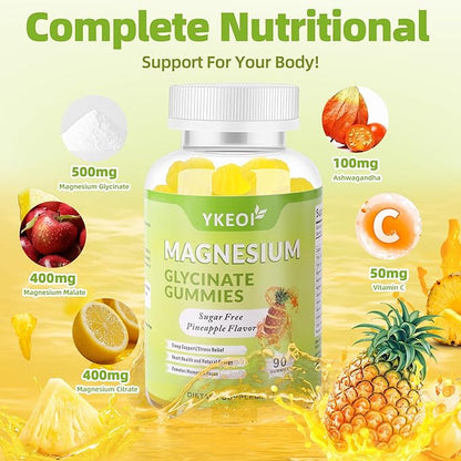 90 CT Magnesium Glycinate Gummies 500 mg with Ashwagandha,Sugar Free Magnesium Supplement Triple Magnesium Complex with Citrate,Malate,Vitamin C D3 B6,for Women and Men Kids Sleep Relaxation