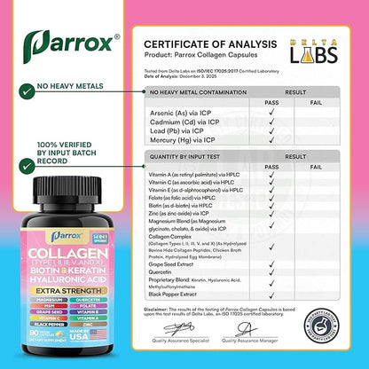 Collagen Peptides Types I, II, III, V & X, MCG Biotin, Keratin, Hyaluronic Acid, MSM, Zinc, Grape Seed Extract, Quercetin, Vitamin A, Vitamin C, Vitamin E, Magnesium, Folic Acid (90 Capsules)