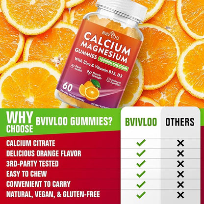 2 Pack Calcium Gummies 1000mg with Vitamin D3 K2 & B Complex, Potassium, Calcium Magnesium Zinc Gummies for Bone, Muscle, Mood and Immunity - Orange Flavor 120 Gummies