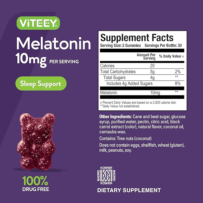 Viteey Melatonin Gummies 10mg - Sleep Gummies for Adults Extra Strength Melatonin - Vegan, GMO Free, Gluten Free - 120 Count