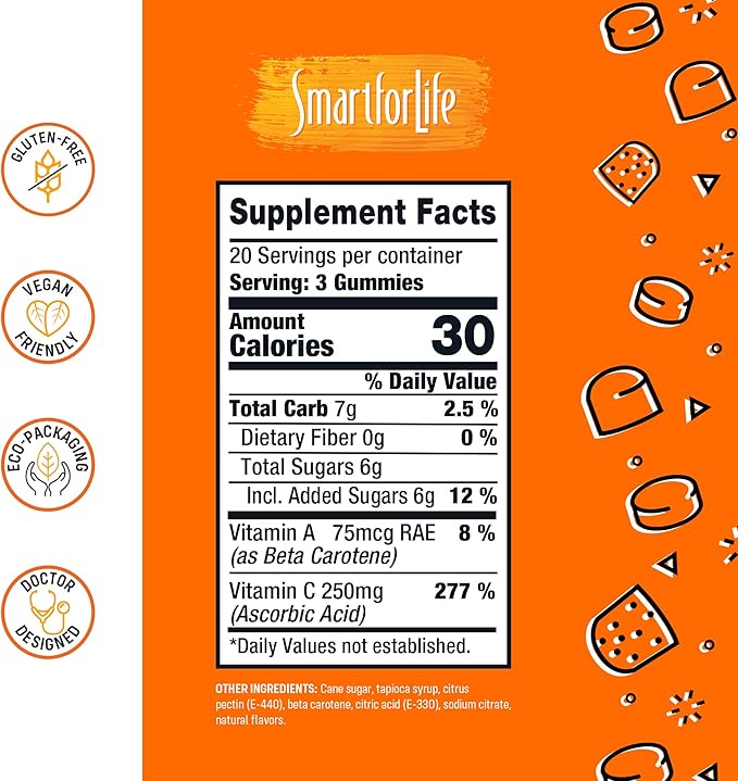 Smart for Life Vitamin C Gummies - Plant-Based Vegan Vitamin C Gummies Natural Orange Flavor - Immune Support Gummies for Adults and Kids - Non-GMO - Dietary Supplement - 60 Count