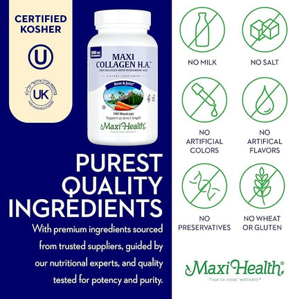 Maxi Health Marine Collagen Pills – 1000 mg Type 1 Collagen for Women & Men with Hyaluronic Acid Supplement for Joint & Skin Support – Unflavored, Clean Kosher Capsules (180 Maxicaps)