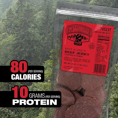Old Trapper Double Eagle Beef Jerky,Hot & Spicy Flavor,21 Ounce Package,Natural Wood Smoked Meat Snacks,10 Grams Protein and 80 Calories per Serving,(Pack of 2)