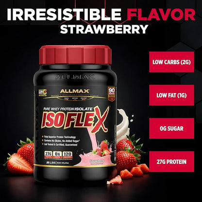 ALLMAX ISOFLEX Pure Whey Isolate Protein Powder - Gluten Free, Low Lactose, Sugar-Free - High-Protein, Clean, Keto-Friendly, Pre Post Workout Supplement for Women and Men | Strawberry, 2lb
