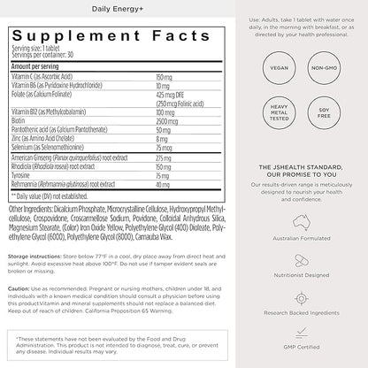JSHealth Daily Energy Supplement. Once Daily Energy Vitamins for Women with American Ginseng, Rhodiola, B Vitamins, Vitamin C, Zinc. Supports Stamina and Stress. Vegan (30 Tablets)
