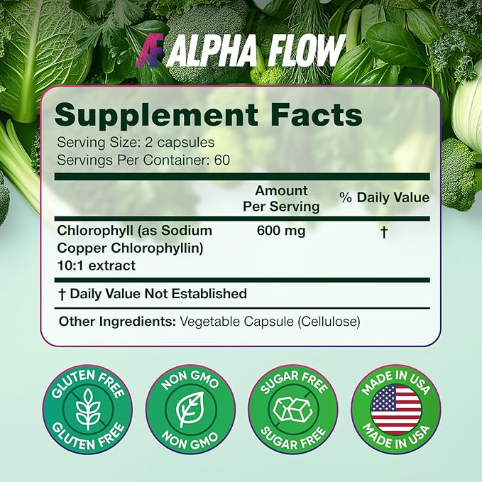 Alpha Flow [2 Pack Chlorophyll Capsules 600mg - Chlorophyll Supplement for Energy & Skin - Internal Deodorant for Women & Men - Alternative to Liquid Drops - 240 Vegan Pills