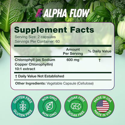 Alpha Flow [2 Pack Chlorophyll Capsules 600mg - Chlorophyll Supplement for Energy & Skin - Internal Deodorant for Women & Men - Alternative to Liquid Drops - 240 Vegan Pills
