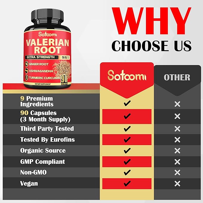 Satoomi Valerian Root Capsules - 9 Natural Herbs - Ashwagandha, Turmeric, Ginger, Ceylon Cinnamon - 90 Caps for 3-Month Supply