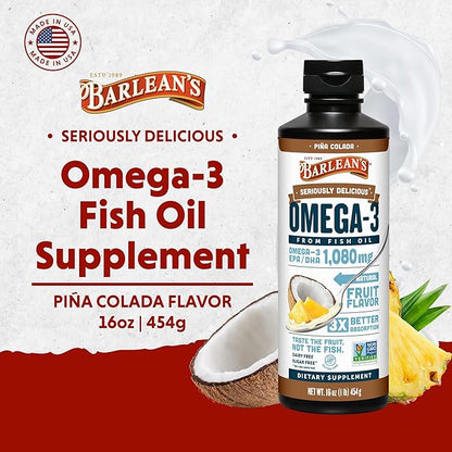 Barlean's Omega 3 Fish Oil Liquid Supplement for Men and Women, 1080mg of EPA and DHA Fatty Acid, Promotes Brain & Heart Health - Non-GMO, Pina Colada, 16 oz