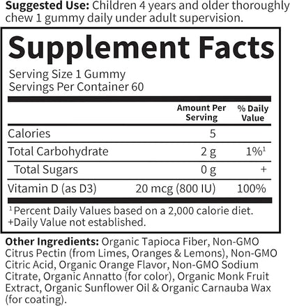 Garden of Life Kids Organic Vitamin D3 Gummies with 800 IU (100% Daily Value) for Strong Bones,Teeth,Brain & Immunity – Non-GMO,No Gluten,Vegetarian,Sugar Free,Orange Flavor,60 Count(Pack of 2)