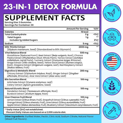 Liver Detox Cleanse & Repair Gummies - 2000mg Milk Thistle Liver Gummies, 23-in-1 Herbal with Dandelion Root, Glutathione & Turmeric- for Liver Health, Digestion & Antioxidant - Sugar Free, 60 Counts