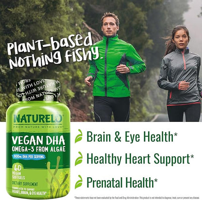 NATURELO Vegan DHA - Omega 3 Oil from Algae - Supplement for Brain, Heart, Joint, Eye Health - Provides Essential Fatty Acids for Women, Men and Kids - Complements Prenatal Vitamins - 60 Softgels