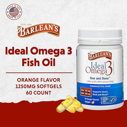 Barlean's Ideal Omega 3 Fish Oil Supplement, 1,000 mg Softgels, Pharmaceutical Grade EPA & DHA for Brain, Joint, & Heart Health, Orange Flavor, 60 ct