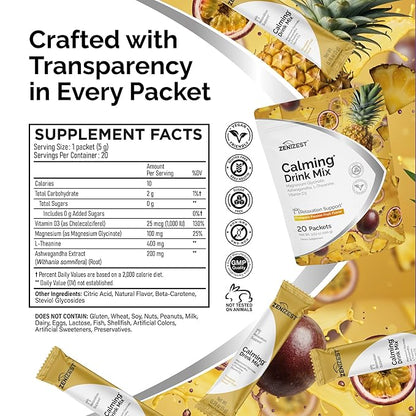 ZeniZest Calming Drink Mix Powder - Natural Cortisol Balance Calm Sleep Stress Support Supplement with Magnesium Glycinate Ashwagandha L-Theanine Vitamin D3 - Pineapple Passion Fruit Flavor 20 Packets
