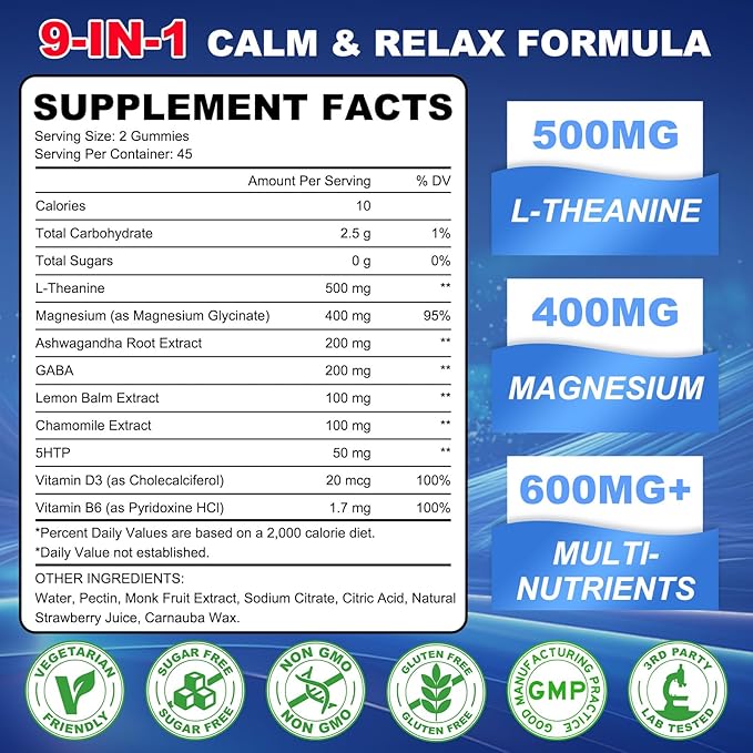 90 Count | L Theanine Gummies, L Theanine Supplement for Adults & Kids, w/Ashwagandha, Magnesium, GABA & 5-HTP, Sugar Free Liposomal Formula for Calm Relax zzZ M♡♡d & Focus, Vegan