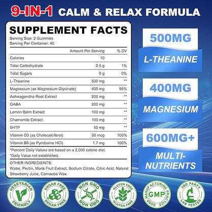 180 Count | L Theanine Gummies, L Theanine Supplement for Adults & Kids, w/Ashwagandha, Magnesium, GABA & 5-HTP, Sugar Free Liposomal Formula for Calm Relax zzZ M♡♡d & Focus, Vegan