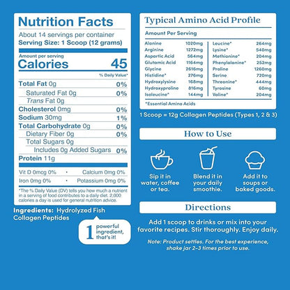 Further Food Unflavored Marine Collagen Peptides Powder, Wild-Caught Sustainably Sourced Fish, Hydrolyzed Type 1, 2 & 3, 12g Protein, 5.93 Oz