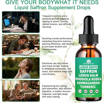 Saffron Supplements Liquid Drops- 88.5mg Pure Saffron Extract for Stress Relief & Calm Mood Support丨Advance 8-in-1 liquid Saffron w. Ashwagandha & Rhodiola Rosea, Fast Absorption Than Saffron Gummies