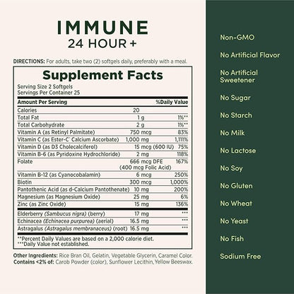 Nature's Bounty Immune 24 Hour +, The only Vitamin C with 24 Hour Immune Support from Ester-C, 1000 mg Vitamin C, D & Zinc, Gluten Free, Rapid Release Softgels, 2 Softgels per Day, 50 Count
